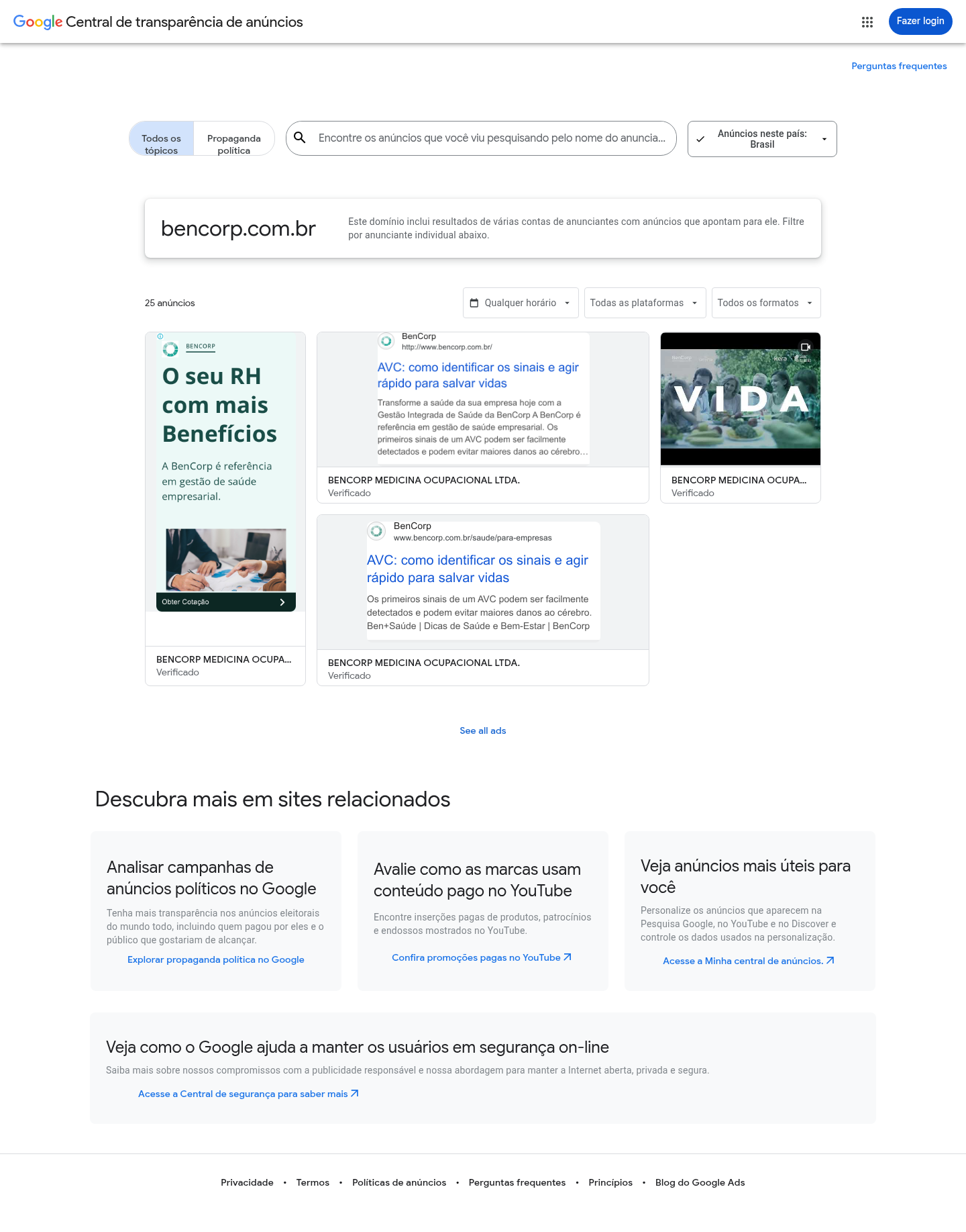 Print do Google Ads Transparency Center para BenCorp