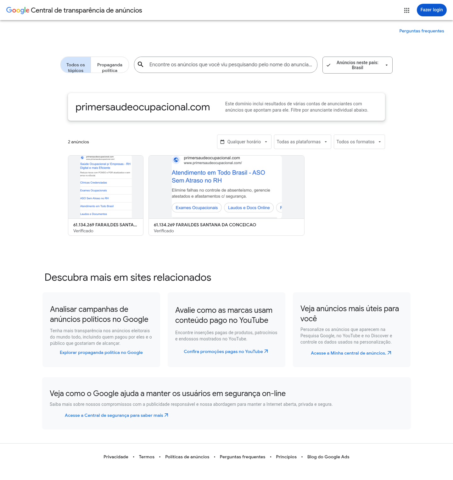 Print do Google Ads Transparency Center para PRIMER