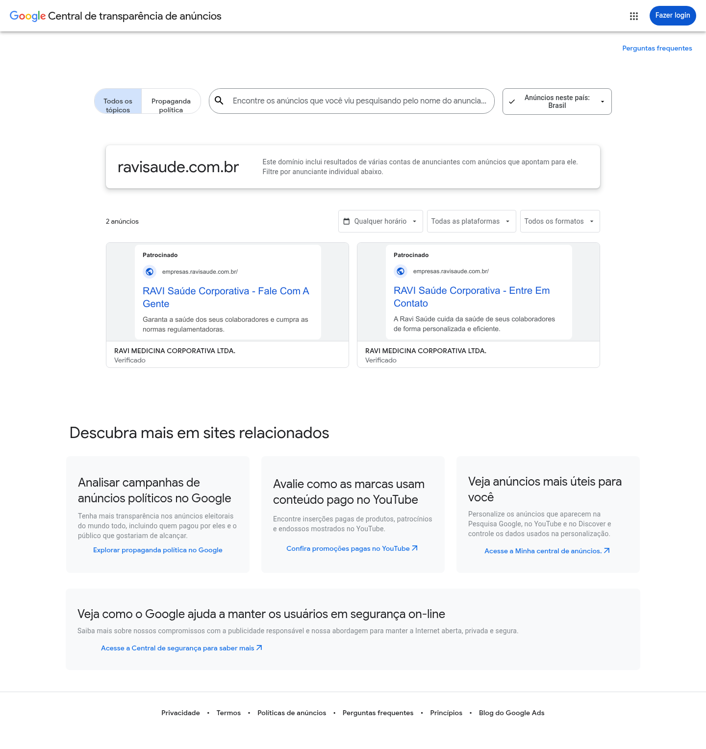 Print do Google Ads Transparency Center para Ravi Saúde